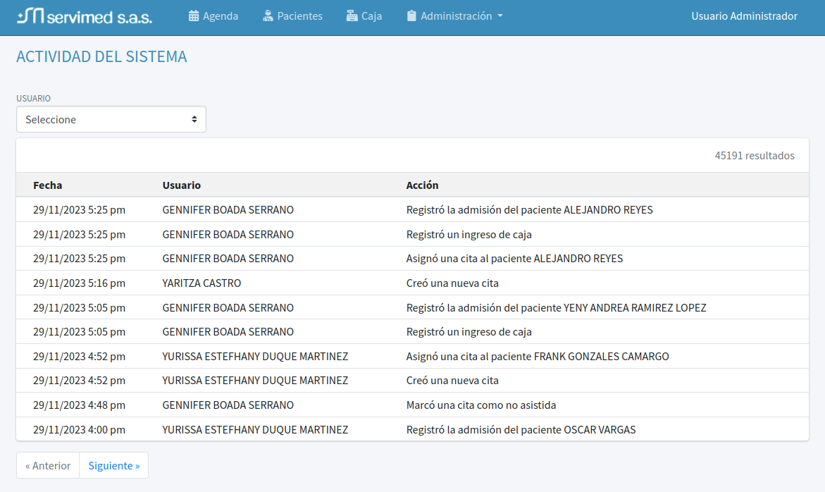 Log de actividades del sistema