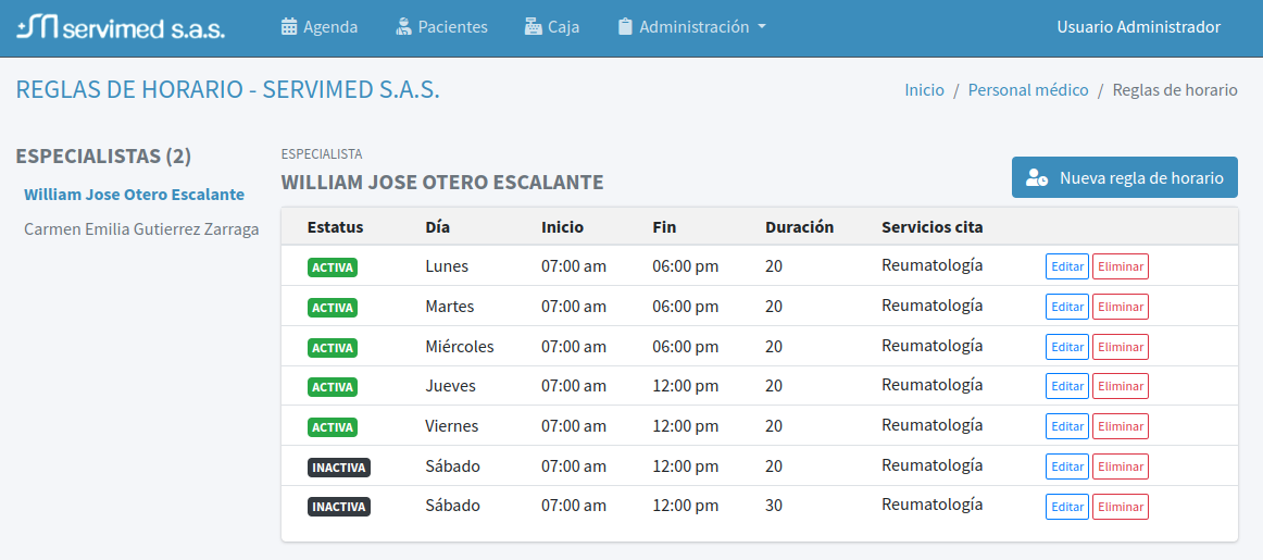 Reglas de horario